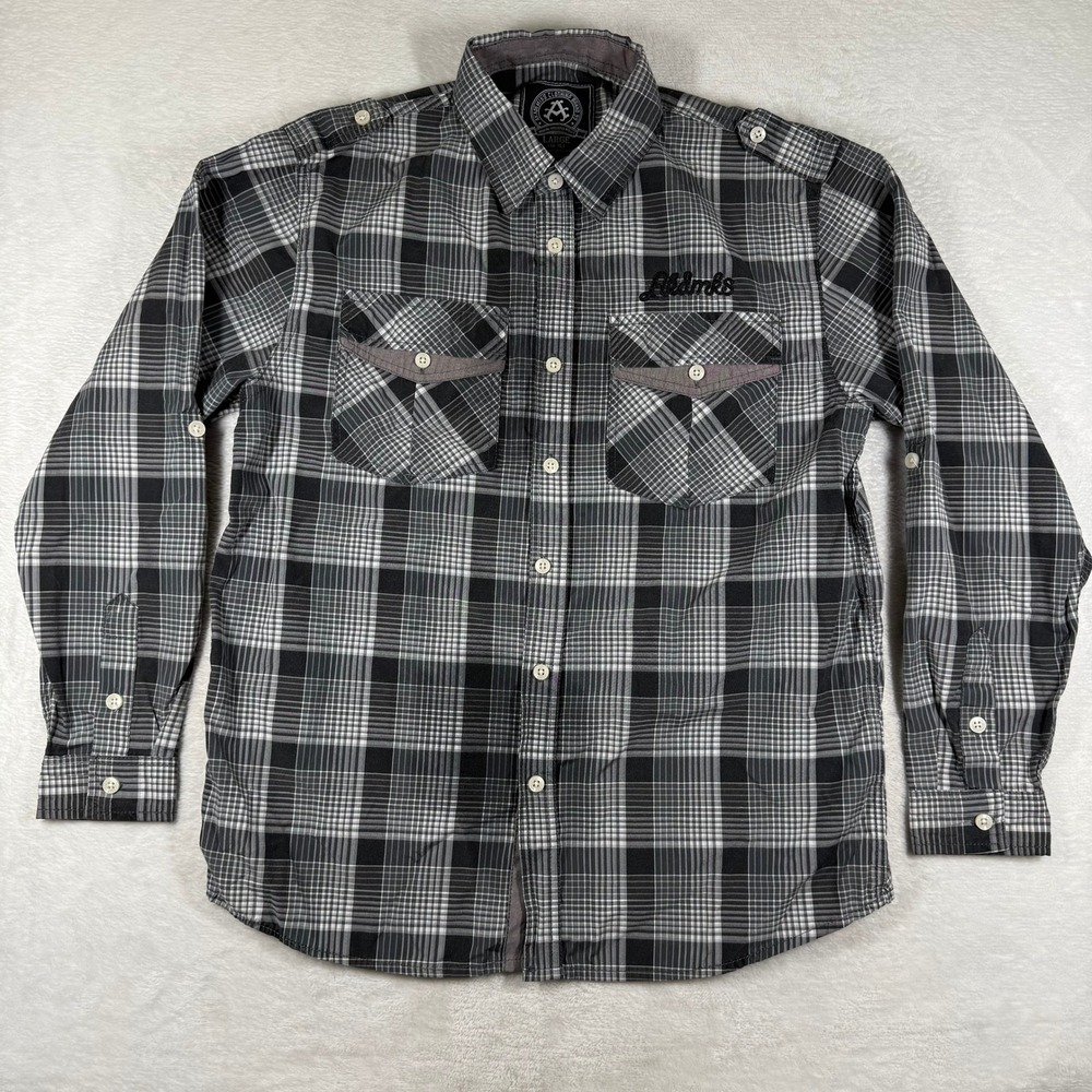 Akademiks Large 14-16 Plaid Button Up Shirt Black White Long Sleeve Epaulets